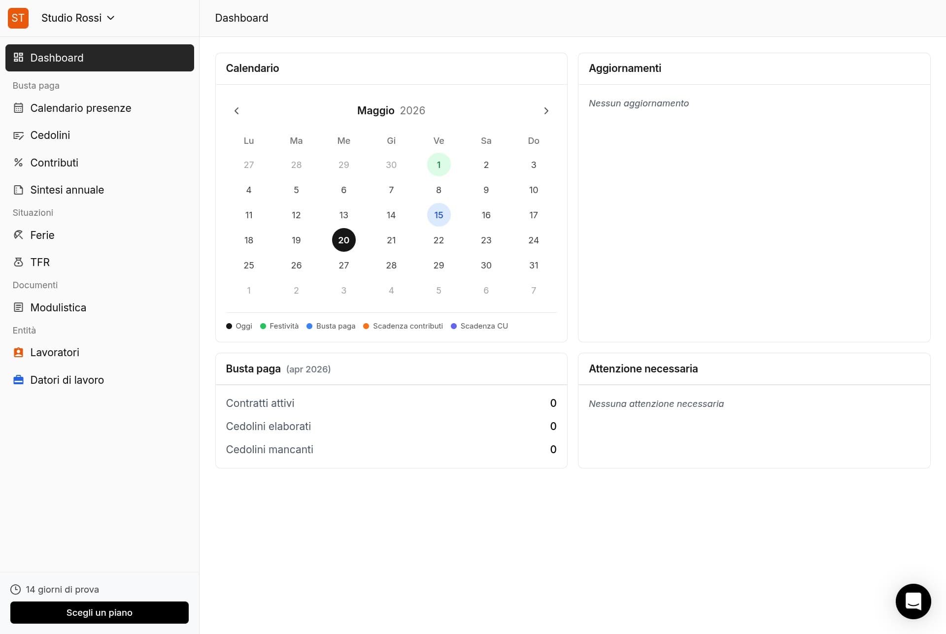 Dashboard di Workledger con calendario, aggiornamenti, busta paga del mese e segnalazioni operative