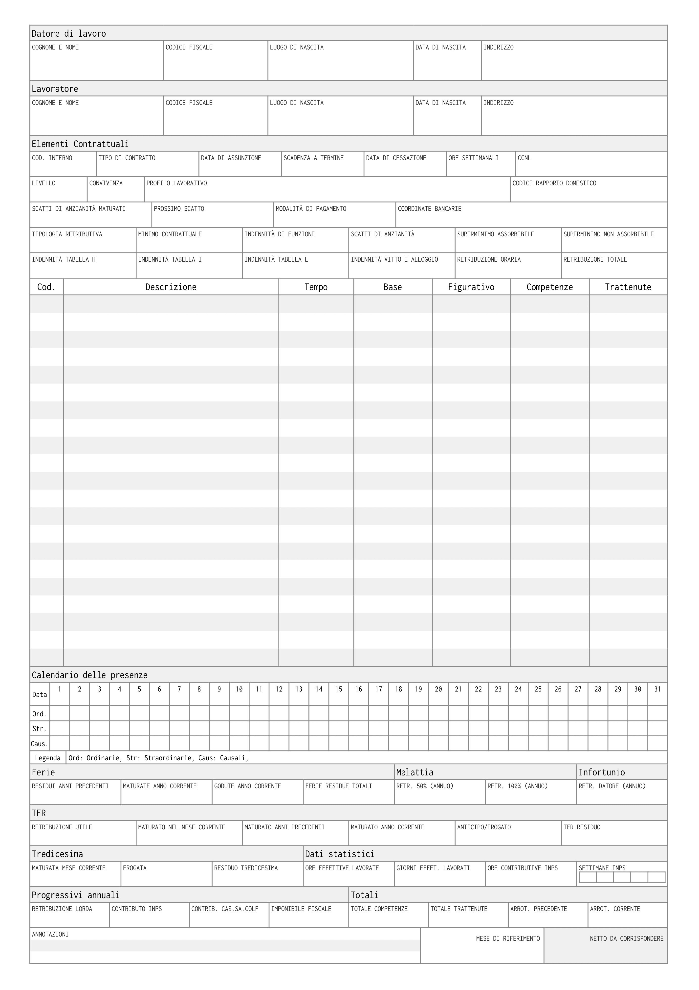Fac simile di busta paga per badante convivente, colf e baby sitter — modello PDF