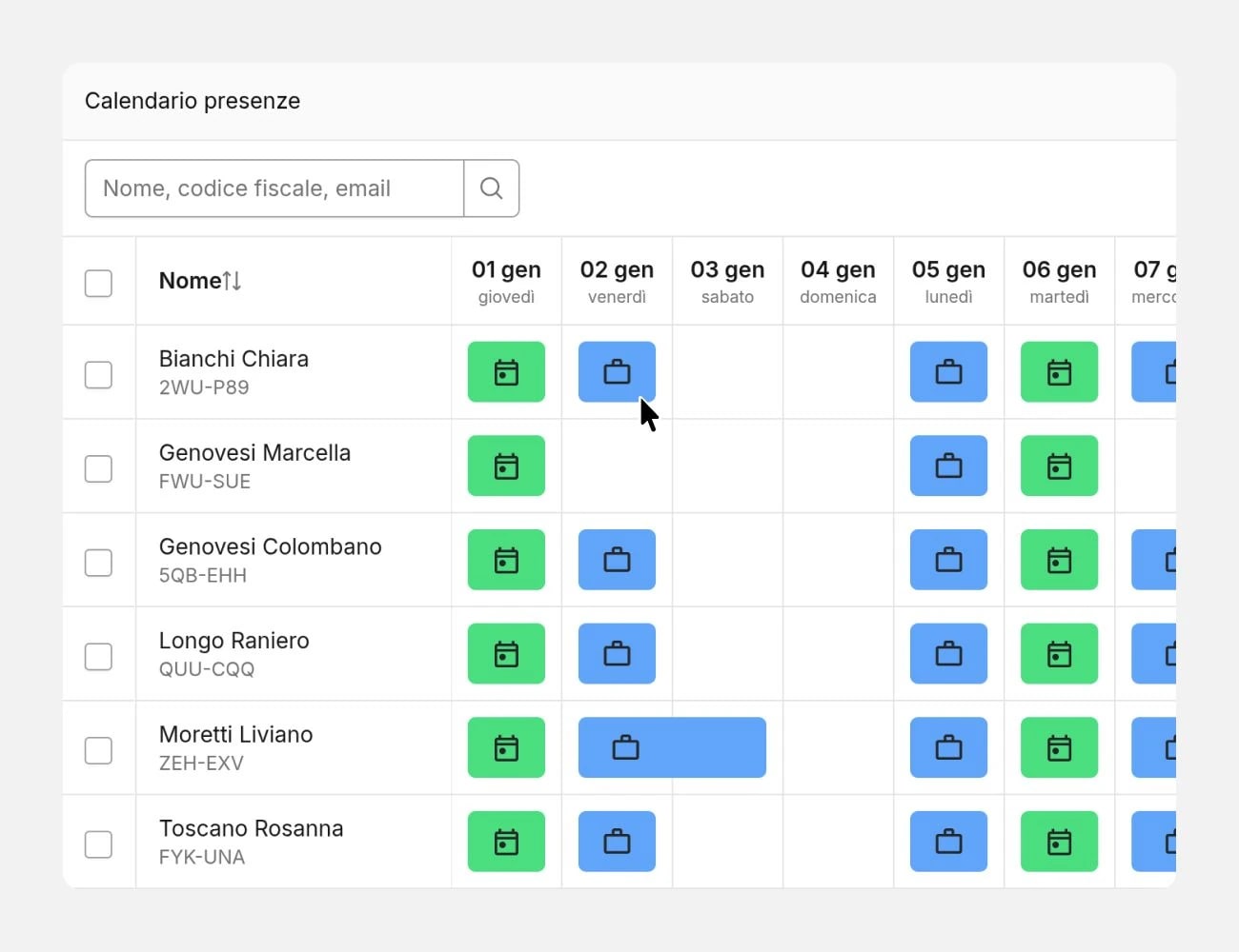 Calendario presenze